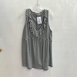 Sleeveless Black & White Stripe Ruffle V-Neck Tank Top